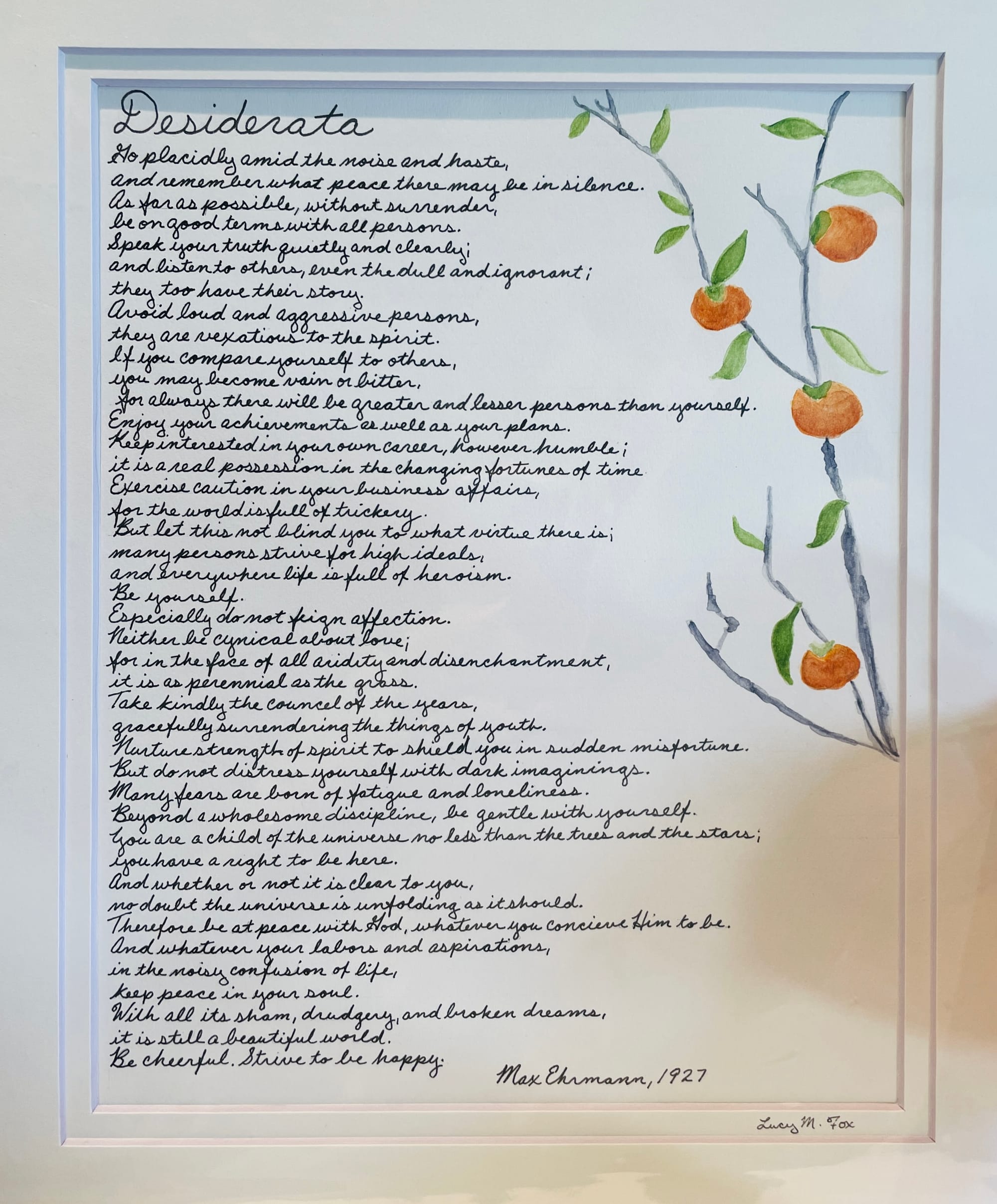 Handwritten poem with persimmon embellishments done with watercolor.