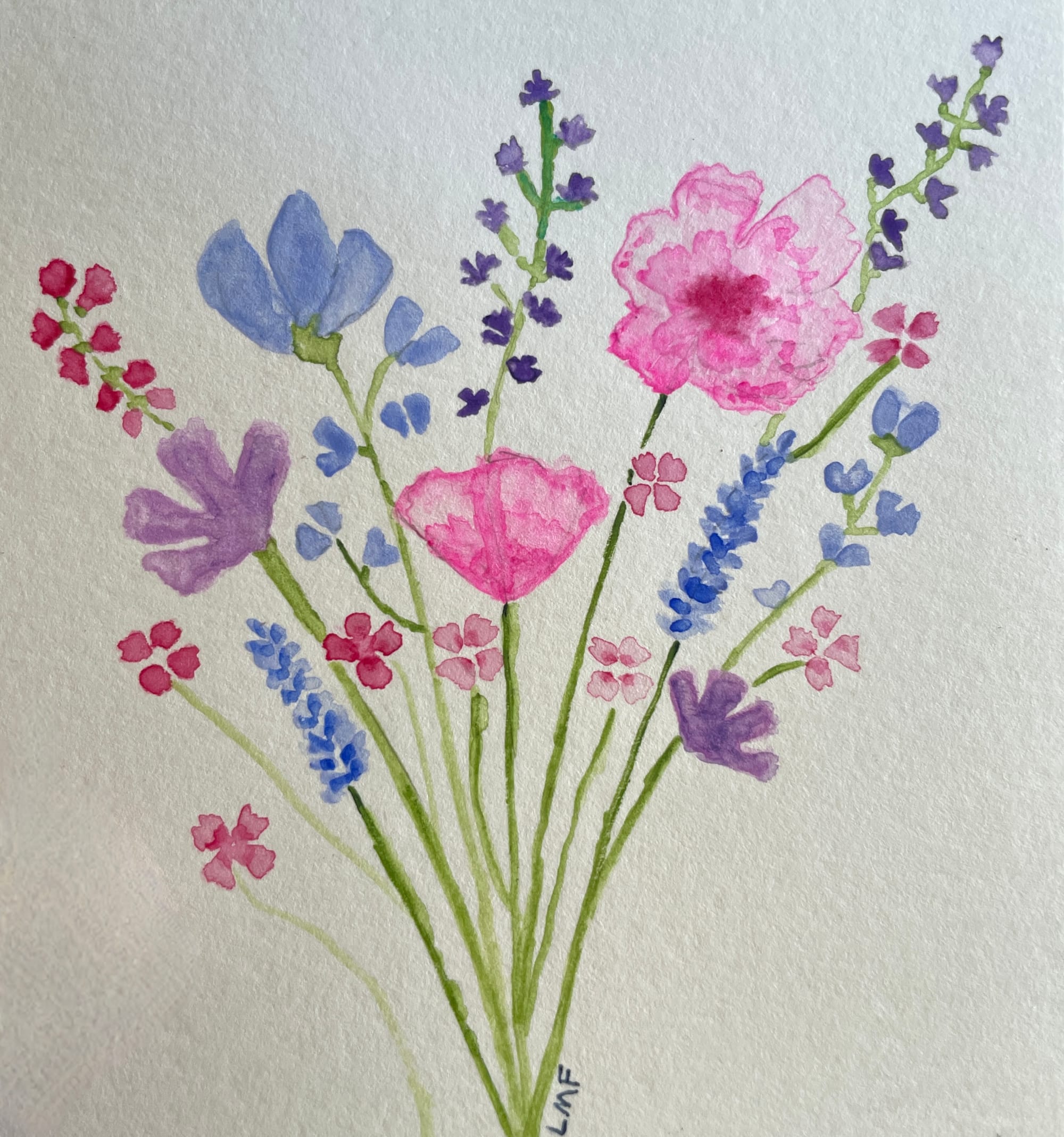 Pink, purple and blue watercolor flower painting. 